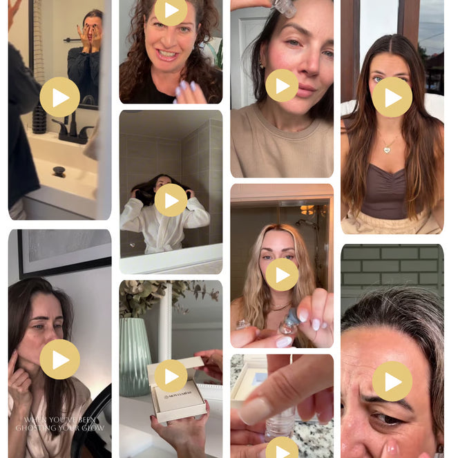 Collage of a woman applying makeup with close-up shots and a play button overlay.
