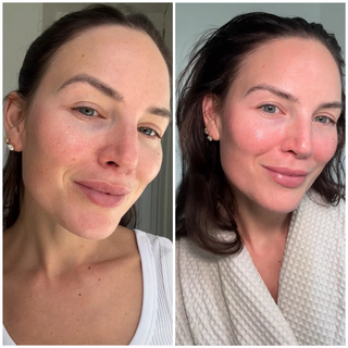 Side-by-side comparison of a woman's face with and without makeup, wearing a white robe.