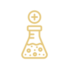 Gold icon of a beaker with a plus sign on a white background
