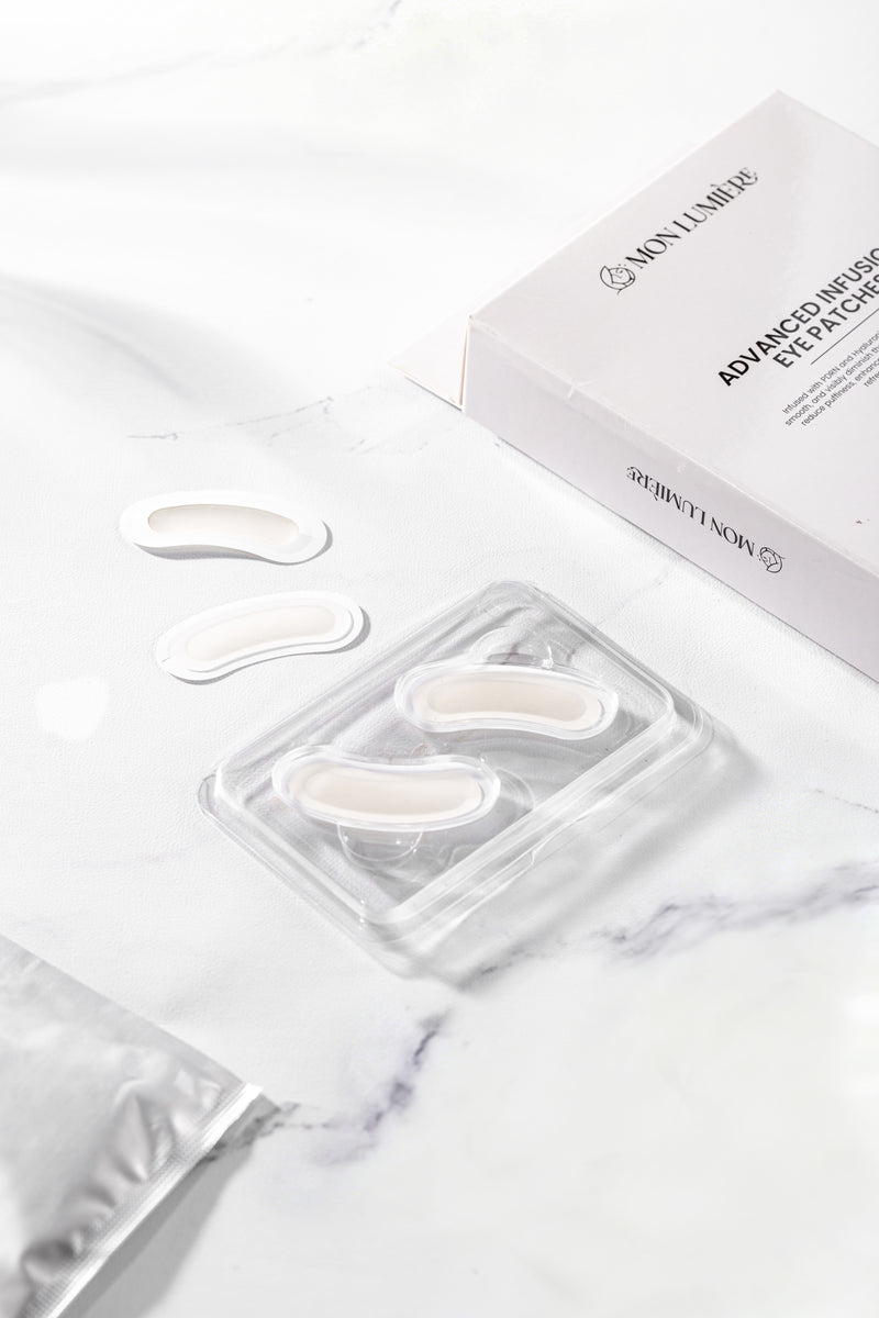Eyepatch packaging with visible brand name on a marble surface