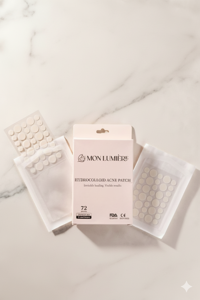 Mon Lumére hydrocolloid acne patches packaging on a marble surface