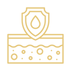 Gold icon of a shield with a droplet above skin texture on a white background