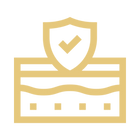 Gold icon of a shield with a check mark on top of a water barrier