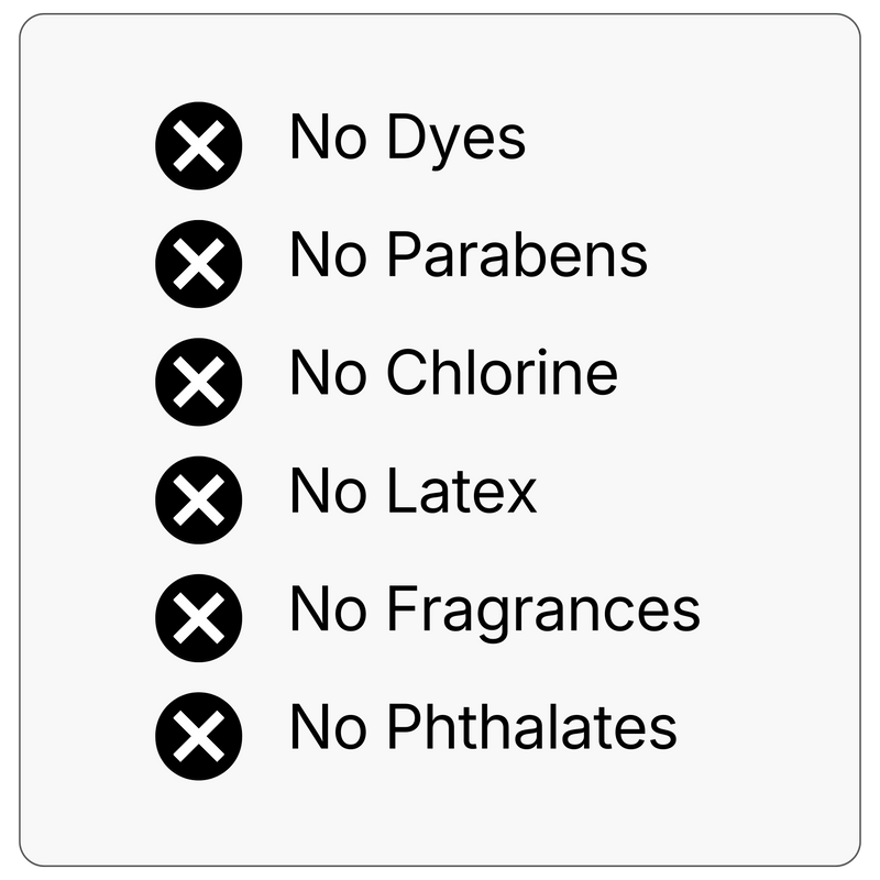 List of allergen-free product claims with black crosses on a white background