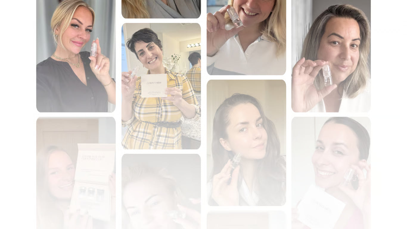 Collage of a woman holding a small object in various poses.